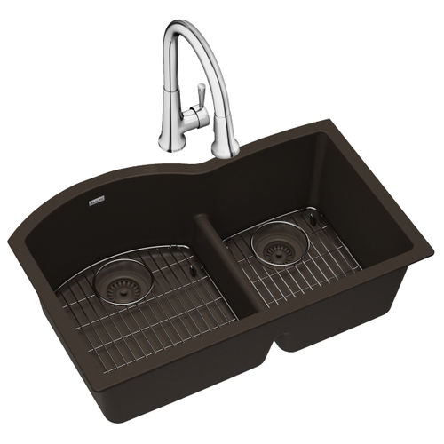 Elkay ELGHU3322RMC0FC Quartz Classic 33" x 22" x 10" Dual-Bowl Undermount Aqua Divide Sink Kit with Faucet - Mocha