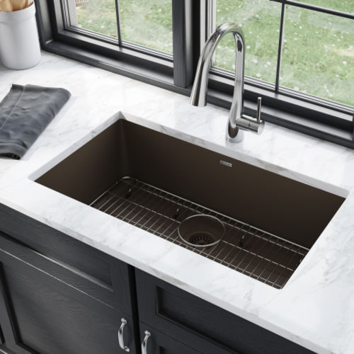 Elkay Quartz Classic Mocha 33in x 19in Undermount Single Bowl Kitchen Sink Kit with Rear Center Drain, Bottom Grid, Strainer, and Cleaning Kit - ELGRU13322MC0C