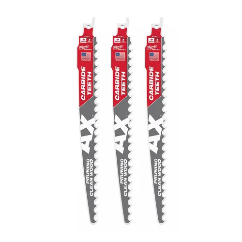 Milwaukee 3Pk 9" 3 TPI The AX with Carbide Teeth for Pruning & Clean Wood SAWZALL Blade - 48-00-5332 