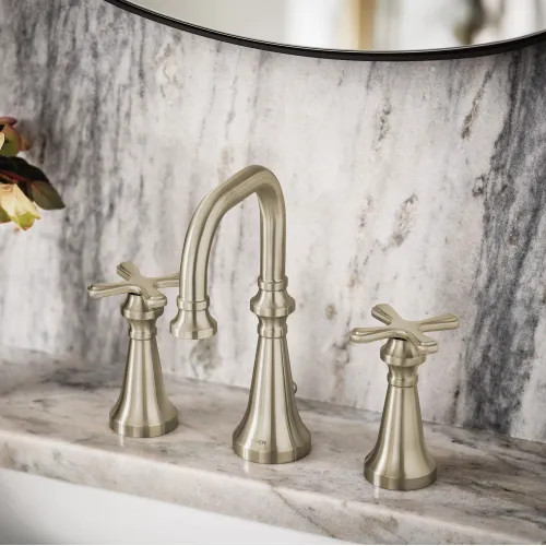 Moen Colinet Two-Handle Widespread Lavatory Faucet, 1.2 GPM, Cross Handles, WaterSense, Brushed Nickel - TS44103BN