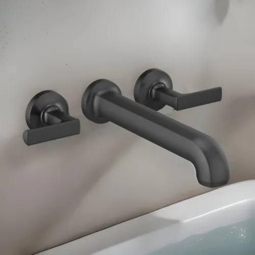 Brizo Kintsu Two-Handle Wall-Mount Tub Faucet Trim, 3-Hole, 9.3 GPM, Solid Brass, Less Handles, Brilliance Black Onyx - T70406-BNXLHP