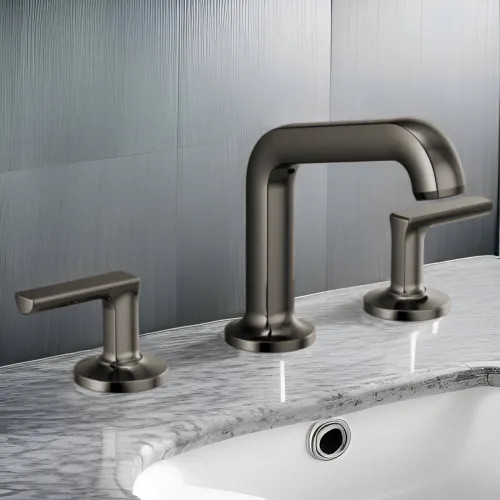 Brizo Kintsu Two-Handle Widespread Lavatory Faucet with Angled Spout, Less Handles, Deck Mount, 1.2 GPM, Brilliance Black Onyx - 65307LF-BNXLHP-ECO