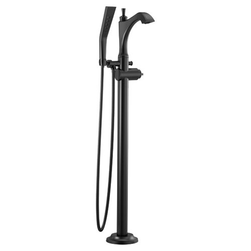 Delta Dorval Single-Handle Freestanding Tub Filler Trim with 1.75 GPM Three-Setting Hand Shower, H2Okinetic, Less Handles, Matte Black - T4756-BLLHP-FL