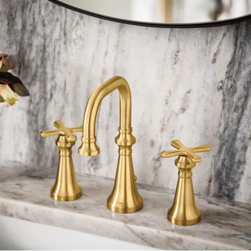 Moen Colinet Two-Handle Widespread Lavatory Faucet, 1.2 GPM, Cross Handles, WaterSense, Brushed Gold - TS44103BG