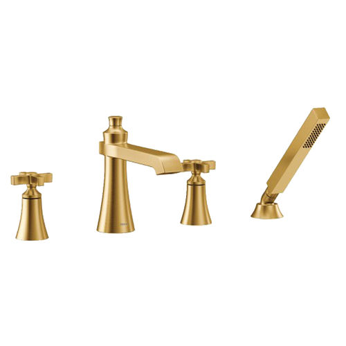 Moen Flara Two-Handle Roman Tub Faucet with 2 GPM Single-Function Hand Shower, Cross Handles, Brushed Gold - TS929BG