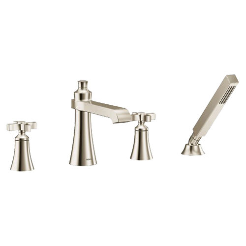Moen Flara Two-Handle Roman Tub Faucet with 2 GPM Single-Function Hand Shower, Cross Handles, Polished Nickel - TS929NL