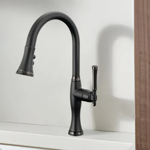 Brizo Tulham Single Handle Pull-Down Kitchen Faucet, 1.8 GPM, Matte Black/Brilliance Black Onyx - 63058LF-BLBNX