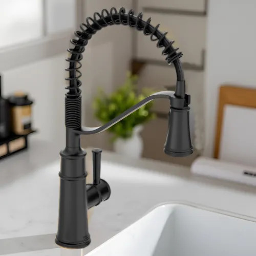 Moen Belfield Single-Handle High Arc Pre-Rinse Spring Pulldown Kitchen Faucet, 1.5 GPM, Matte Black - 5927BL