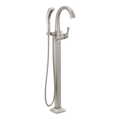 Delta Stryke Freestanding Tub Filler Trim with 1.75 GPM Single-Setting Hand Shower, H2Okinetic, Lever Handle, Stainless - T4777-SSFL