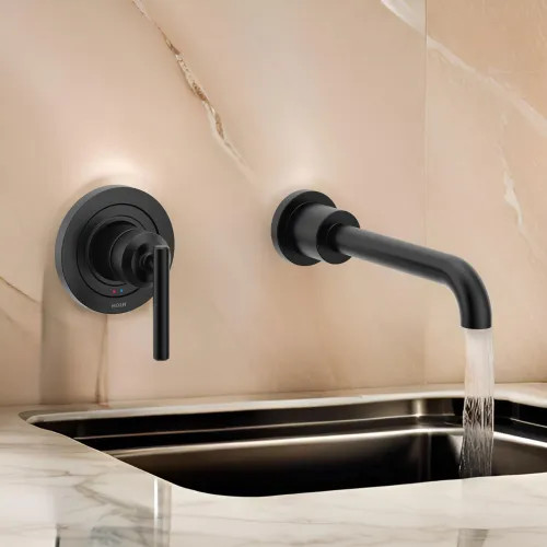 Moen Gibson Wall-Mount Tub Faucet with 10in Ultrathin Tub Spout, Single Lever Handle with Temperature Indicator, 8 GPM, Matte Black - WT961BL