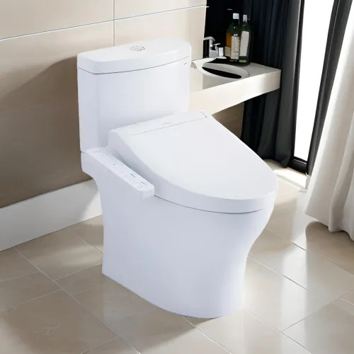 TOTO Aquia IV Elongated Two-Piece Toilet With WASHLET  C2 and Tank Set, 1.28 and 0.9 GPF, Cotton - MW4463074CEMFGN#01