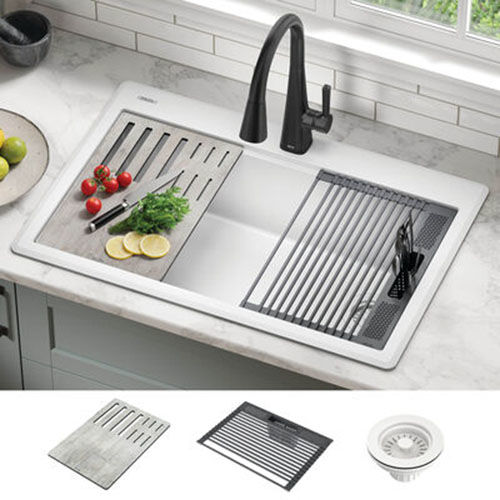 Delta Everest 33" x 22" 9-5/8" Single Bowl Drop-in  Workstation Kitchen Sink Kit, White - 75A933-33S-WH