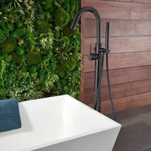 Pfister Modern Single-Handle Freestanding Tub Filler Trim with 1.8 GPM 3-Function Hand Shower, Lever Handle, Metal, Matte Black - LG6-1MFB