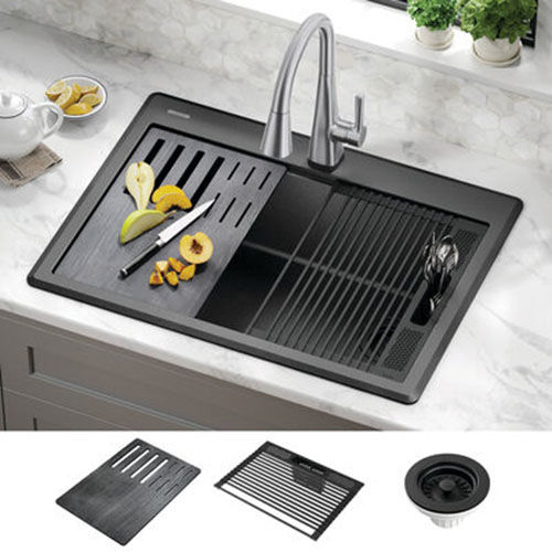 Delta Everest 30" x 22" x  9-5/8" Single Bowl Drop-in Workstation Kitchen Sink Kit,  Metal Black - 75A933-30S-BL