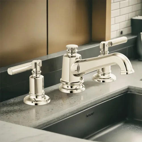 Brizo Invari Two-Handle Widespread Deck-Mount Brilliance Polished Nickel Bathroom Faucet with Angled Spout, 1.5 GPM, Less Handles - 65378LF-PNLHP