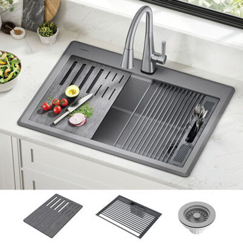 Delta Everest  30" x 22" x 9-5/8"  Single Bowl Drop-in Workstation Kitchen Sink Kit, Dark Grey - 75A933-30S-DG