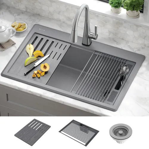 Delta Everest 33" x 22" x 9-5/8" Single Bowl Drop-in Workstation Kitchen Sink Kit, Dark Grey - 75A933-33S-DG