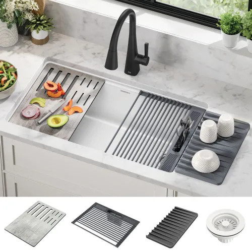 Delta Everest 33" x 22" x 9-5/8" Single Bowl Drop-in Workstation Kitchen Sink Kit, Undermount White -  75B933-33S-WH
