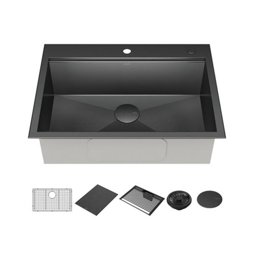 Delta Rivet 30in x 22in x 9-1/2in Single Bowl Drop-In Workstation Kitchen Sink with WorkFlow Ledge And Accessories, 16 Gauge, PVD Gunmetal - 95A9031-T30S-GS