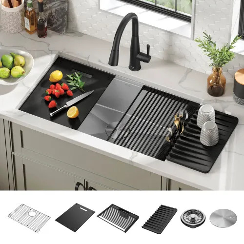 Delta Rivet 32 x 19 x 9-1/2 Single Bowl Undermount Workstation Kitchen Sink Kit, Stainless Steel - 95B931-32S-SS