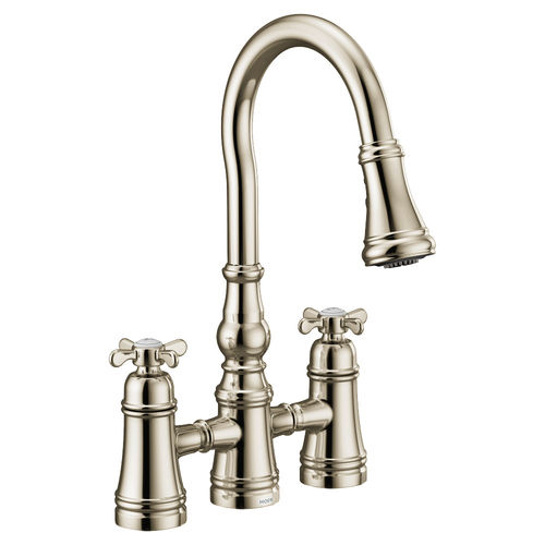 Moen Weymouth Two-Handle Pull-Down High Arc Bridge Kitchen Faucet, Polished Nickel - S73204NL