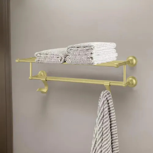 Pfister Tisbury 24in Towel Rack with Two Hanging Hooks, Premium Metal, Concealed Screw Installation, Brushed Gold - BTR-TB2BG