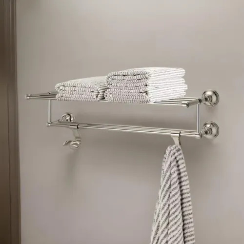 Pfister Tisbury 24in Towel Rack with Two Hanging Hooks, Premium Metal, Concealed Screw Installation, Polished Nickel - BTR-TB2D