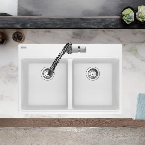 Franke Maris 31" x 21" Drop-in Double Bowl Kitchen Sink w/ Basket Strainer, 7 Holes, Granite, Polar White - MAG6201414-PWT-S (114.0687.225)