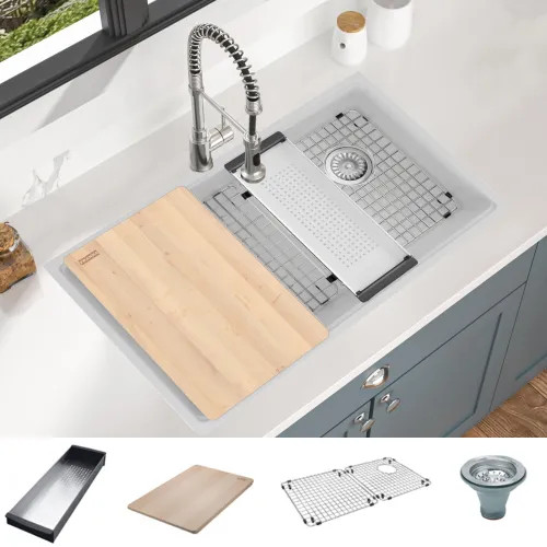 Franke Maris 33" x 19" Undermount Single-Bowl Kitchen Sink w/ Basket Strainer, Bottom Grid, Colander, and Cutting Board, Granite, Polar White - MAG11031OW-PWT-WKC (125.0672.247)