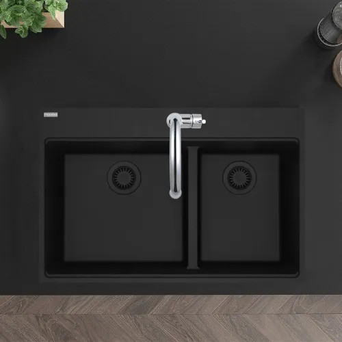 Franke Maris 33" x 22" Drop-in Double Bowl Kitchen Sink, Low-Divide, 60/40 Split, 5 Holes, Granite, Onyx - MAG6601812LD-ONY (114.0687.011)