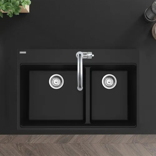 Franke Maris 33" x 22" Drop-in Double Bowl Kitchen Sink w/ Basket Stainer, Low-Divide, 60/40 Split, 5 Holes Granite, Matte Black - MAG6601812LD-MBK-S (114.0687.149)