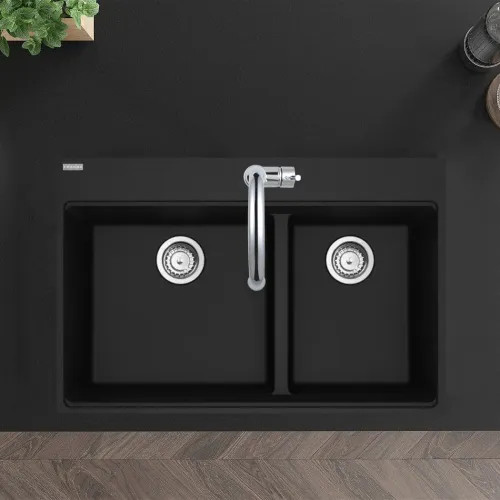 Franke Maris 33" x 22" Drop-in Double Bowl Kitchen Sink w/ Basket Stainer, Low-Divide, 60/40 Split, 5 Holes, Granite, Onyx - MAG6601812LD-ONY-S