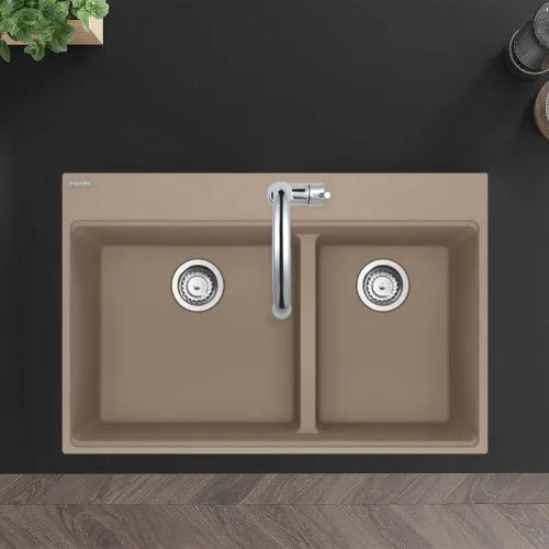 Franke Maris 33" x 22" Drop-in Double Bowl Kitchen Sink w/ Basket Stainer, Low-Divide, 60/40 Split, 5 Holes, Granite, Oyster - MAG6601812LD-OYS-S (114.0687.152)