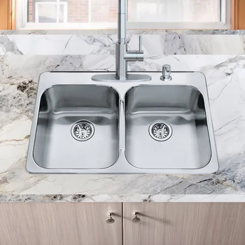 Franke Steel Queen 31-1/4" x 20-1/2" Drop-in Double-Bowl Kitchen Sink, 4 Holes, Stainless Steel - QDL2031-7-4N (101.0651.313)