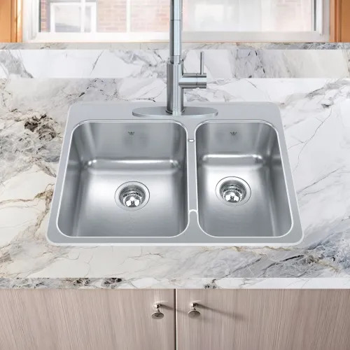 Franke Steel Queen 31-1/4" x 20-1/2" Drop-in Double-Bowl Kitchen Sink, Single Hole, 70/30 Split, Stainless Steel, Silk - QCLA2031R-8-1N (101.0620.234)