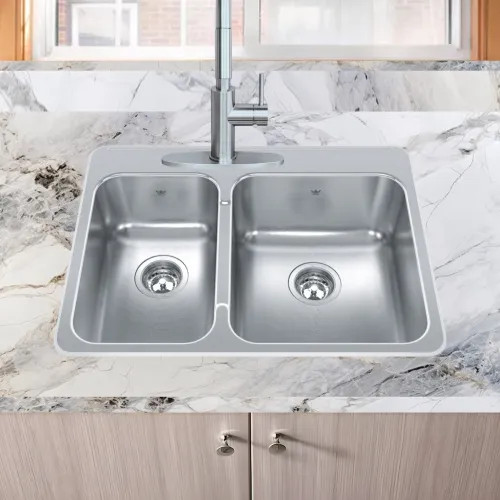 Franke Steel Queen 31-1/4" x 20-1/4" Drop-in Double-Bowl Kitchen Sink, 3 Holes, 30/70 Split, Stainless Steel  - QCLA2031L-8-3N 
