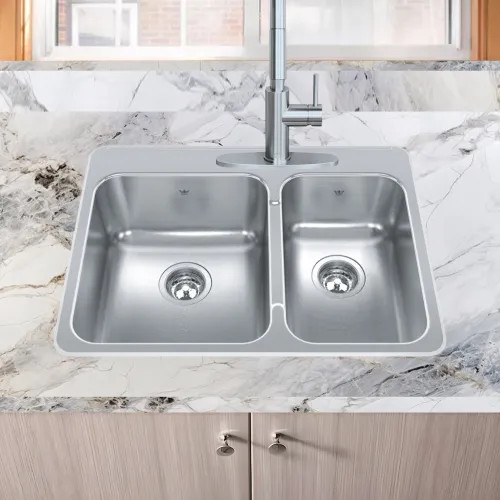 Franke Steel Queen 31-1/4" x 20-1/4" Drop-in Double-Bowl Kitchen Sink, 3 Holes, 60/40 Split, Stainless Steel - QCLA2031R-8-3N (101.0620.235)