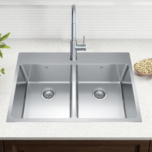 Franke Brookmore 33" x 22" Drop-In Double-Bowl Stainless Steel Kitchen Sink, Single Hole, Stainless Steel - BDL2233-9-1N (101.0637.022)
