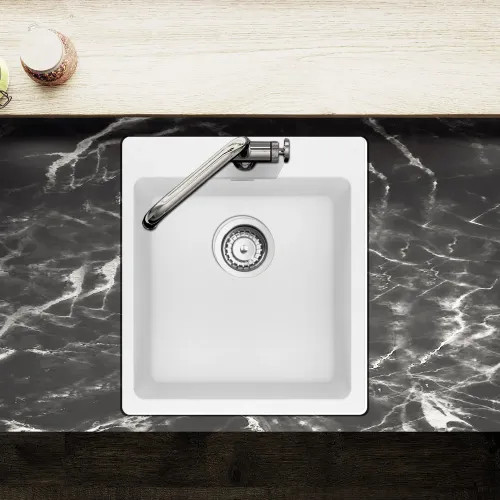 Franke Maris 17-5/16" x 19-11/16" Dual-Mount Single-Bowl Bar/Prep Sink w/ Basket Strainer, 3 Holes, Granite, Polar White - MAG61015-PWT-S (114.0687.211)