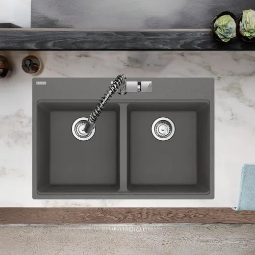 Franke Maris 31" x 21" Drop-in Double Bowl Kitchen Sink w/ Basket Stainer, 7 Holes, Granite, Shadow Grey - MAG6201414-SHG-S (114.0687.226)