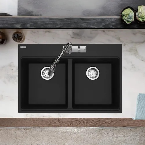 Franke Maris 31" x 21" Drop-in Double Bowl Kitchen Sink w/ Basket Strainer, 7 Holes, Granite, Matte Black - MAG6201414-MBK-S (114.0687.221)