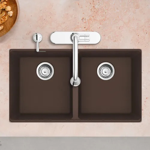 Franke Maris 33" x 19" Undermount Double-Bowl Kitchen Sink w/ Basket Strainer, 50/50 Split, Granite, Mocha - MAG1201515-MOC-S (125.0687.122)