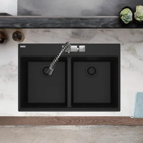 Franke Maris 33" x 22" Drop-in Double Bowl Kitchen Sink, 50/50 Split, 7 Holes, Granite, Matte Black - MAG6201515-MBK (114.0686.995)