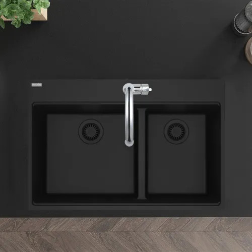 Franke Maris 33" x 22" Drop-in Double Bowl Kitchen Sink, Low-Divide, 60/40 Split, 5 Holes Granite, Matte Black - MAG6601812LD-MBK (114.0687.009)