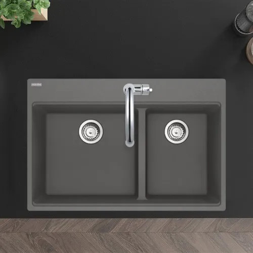 Franke Maris 33" x 22" Drop-in Double Bowl Kitchen Sink w/ Basket Stainer, Low-Divide, 60/40 Split, Granite, Shadow Grey - MAG6601812LD-SHG-S (114.0687.154)