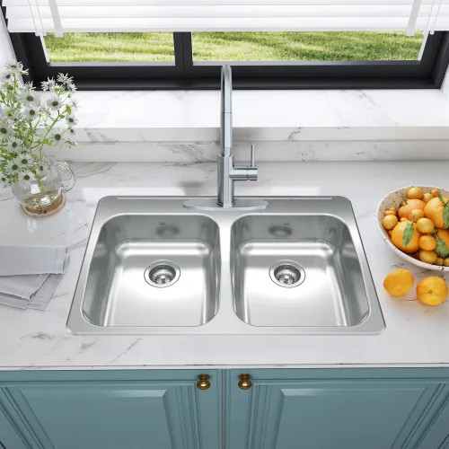 Franke Reginox 33" x 22" Drop-In Double-Bowl Kitchen Sink, Stainless Steel, Silk - RDLA3322-55-3N (101.0643.201)