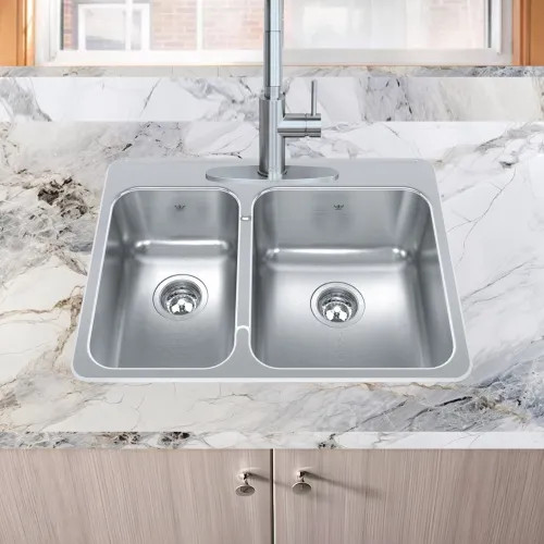 Franke Steel Queen 27-1/4" x 20-1/2" Drop-in Double-Bowl Kitchen Sink, Single Hole, 30/70 Split, Stainless Steel - QCLA2027L-8-1N (101.0620.240)