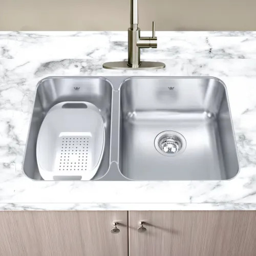 Franke Steel Queen 27" x 18" Undermount Double-Bowl Kitchen Sink with Colander, 40/60 Split, Stainless Steel, Steel/Gloss - QCUA1827L-8N
