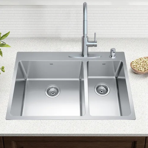 Franke Brookmore 30-7/8" x 20-7/8" Drop-In Double-Bowl Stainless Steel Kitchen Sink, 70/30 Split, Four Hole, Stainless Steel - BCL2131R-9-4N (101.0636.953)