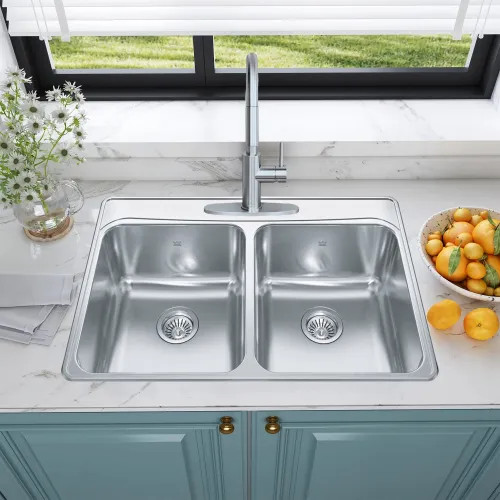 Franke Creemore 33" x 22" Drop-In Double-Bowl Kitchen Sink, Stainless Steel - FCDLA3322-8-3CBN (101.0632.994)
